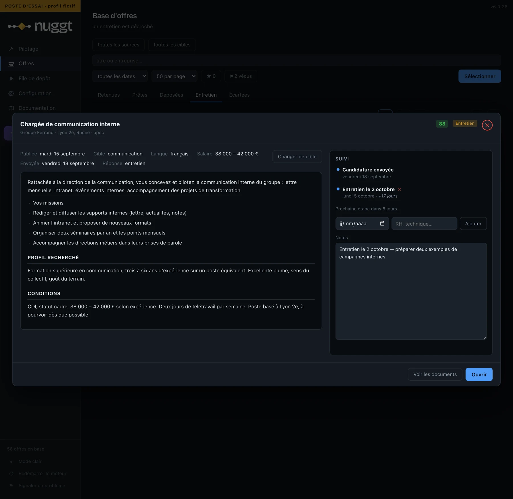 Une offre en entretien dans Nuggt : le descriptif, le fil du suivi, les notes personnelles.